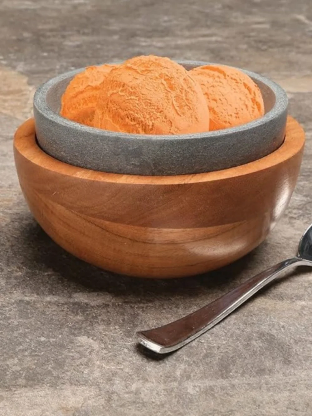 SOAPSTONE & WOOD ICE CREAM BOWL SET FREEZABLE BOWL INSULATING WOOD BOWL MODERN - Picture 9 of 9